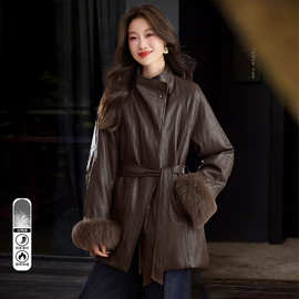 皮风衣羽绒服女中长款冬季2025新款高级感洋气系带收腰白鸭绒外套