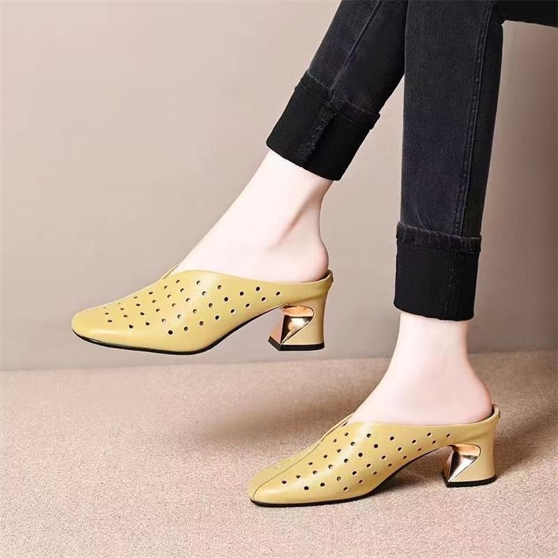 Mueller zapatos cuadrados de tacones gruesos para mujeres 2026 verano nuevos zapatos de agujero de cuero suave con cabeza de bolsillo medio zapatos de transporte universal image 8