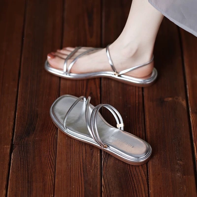Flat Open-Toe Sandals for Women, Stunning Silver Versatile Student Shoes, 2025 Summer New Style, Thin Strap Combination Roman Shoes Flat Open-Toe Sandals for Women, Stunning Silver Versatile Student Shoes, 2025 Summer New Style, Thin Strap Combination Roman Shoes