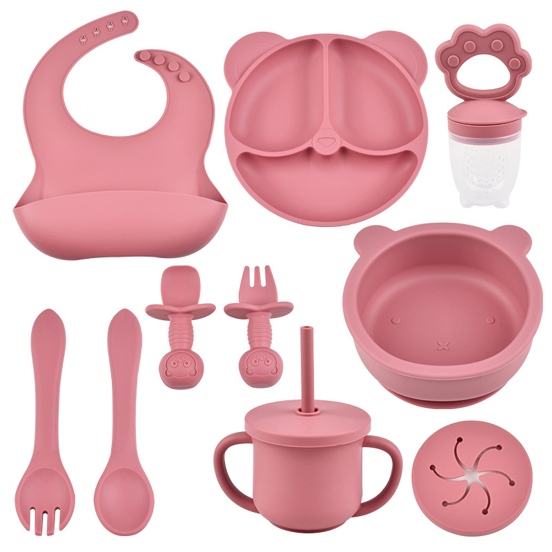 Baby Food Bowl Silicone Tableware Bib 9-Piece Set Fruit and Vegetable Teether Straw Cup Maternal and Infant Grade Baby Plate Feeding