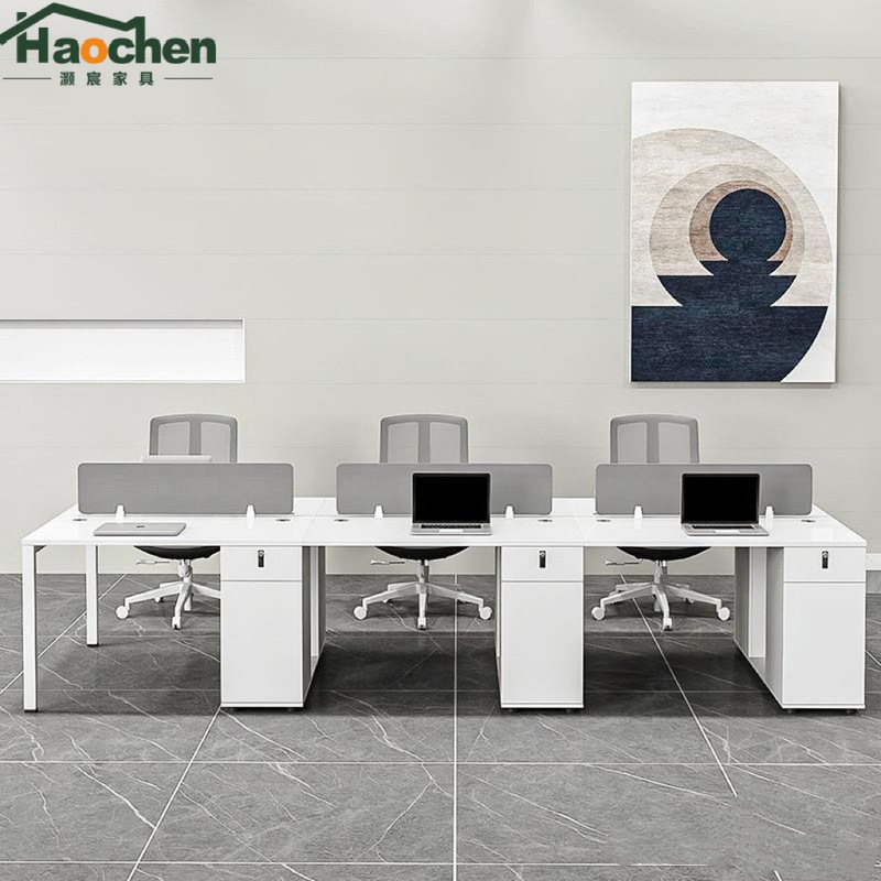 Staff Desks for 4 People, Employee Cubicles with Steel Frame, 6-Person Workstation, Simple Modern White Office Desk and Chair Set