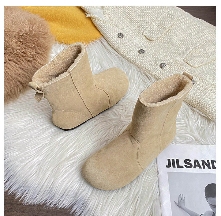 Bốt ngắn nữ da bò lót lông cừu, cổ có thể lật, gót 4 cm — Màu caramel, Màu mơ, Màu nâu đậm chi tiết 20