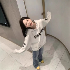 美式复古灰色刺绣连帽卫衣女春秋oversize潮牌宽松小众设计感外套