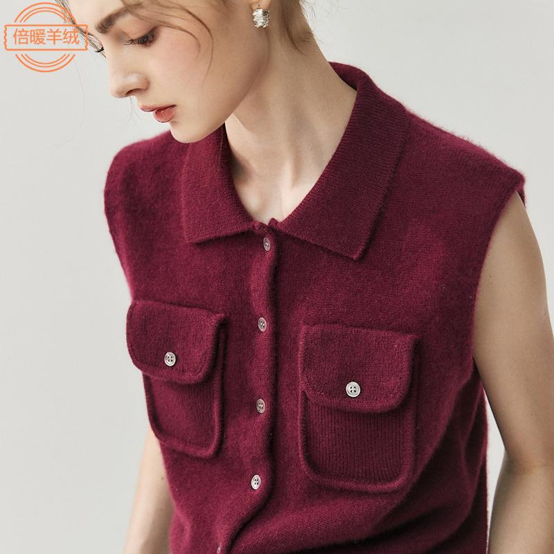 Polo Collar Cashmere Knitted Vest for Women New Style Solid Color Casual Sleeveless Top Layered with Wool Vest Cardigan