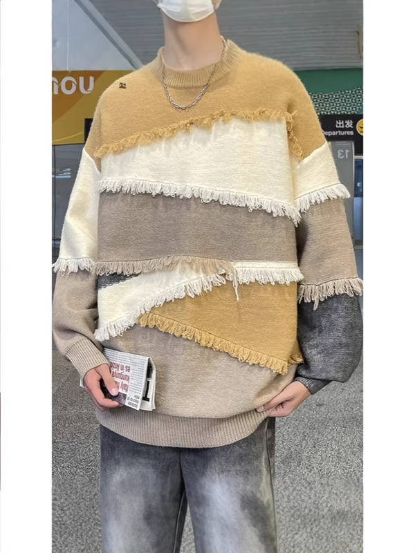 Cross-Border Plus-Size Men's Jacquard Sweater with Vintage Effect, Green Knit Pullover, Crew Neck Knit Pullover