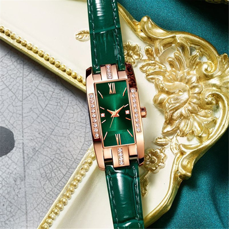 TikTok Internet Celebrity Live Streaming Traffic Small Green Face Diamond-Inlaid Square Women's Watch Vintage Fashion Women's Wristwatch