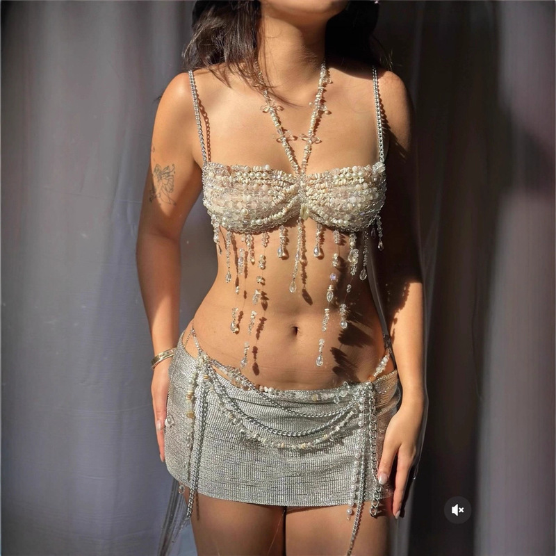 European and American Cross-Border Women's Beaded Bra Halter Top Hot Girl Beaded Pendant Vest Body Chain Two-Piece Set