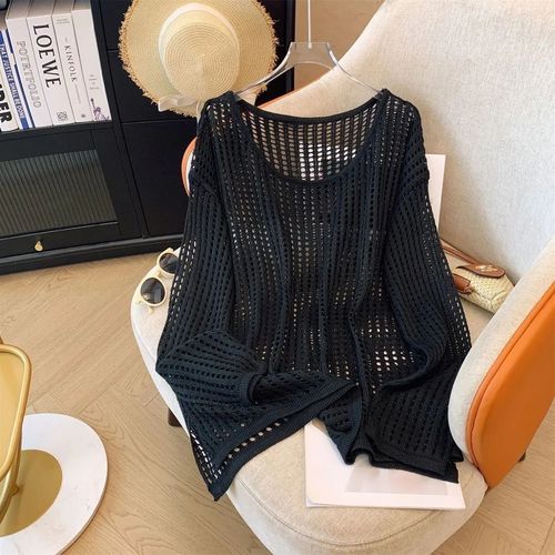 Women's Summer Lazy Style Loose Sun Protection Blouse with Hollow Knit Long Sleeve, Round Neck Design, Pure Color Top with Unique Details