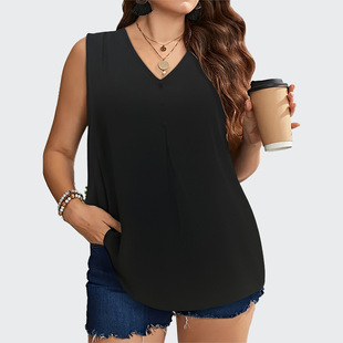 Cross-border European and American Fashion Elegant Solid Color plus size V-neck Vest 2024 Summer Cross-border chubby girl Loose Sleeveless Top