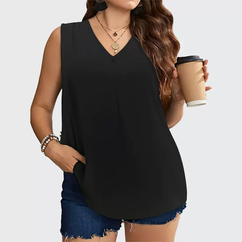 跨境欧美时尚气质纯色大码V领背心2024夏季跨境胖mm宽松无袖上衣
