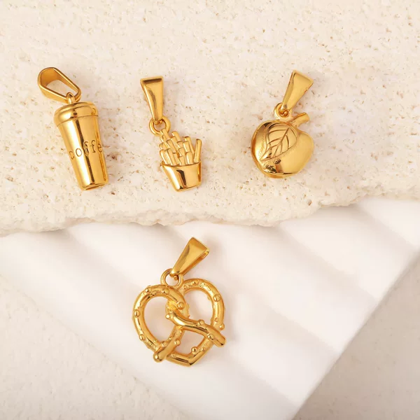 Cross-Border European and American Stainless Steel Food-Themed Sourdough Bread and Apple Fries Pendants, Electroplated Gold Titanium Steel Pendants Wholesale