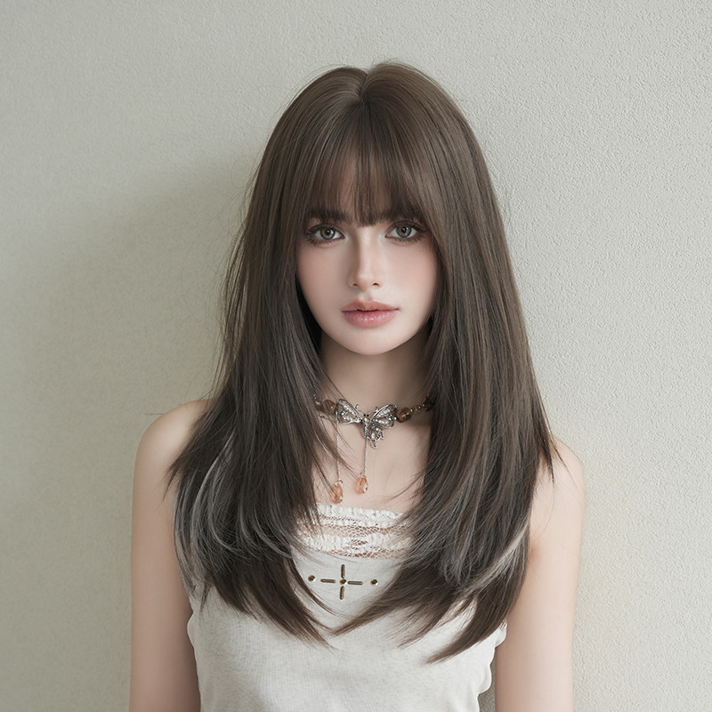 Long straight layered wig for women, fashionable Japanese and Korean style, full headpiece, high-quality synthetic fiber, with inner curls, wholesale Long straight layered wig for women, fashionable Japanese and Korean style, full headpiece, high-quality synthetic fiber, with inner curls, wholesale