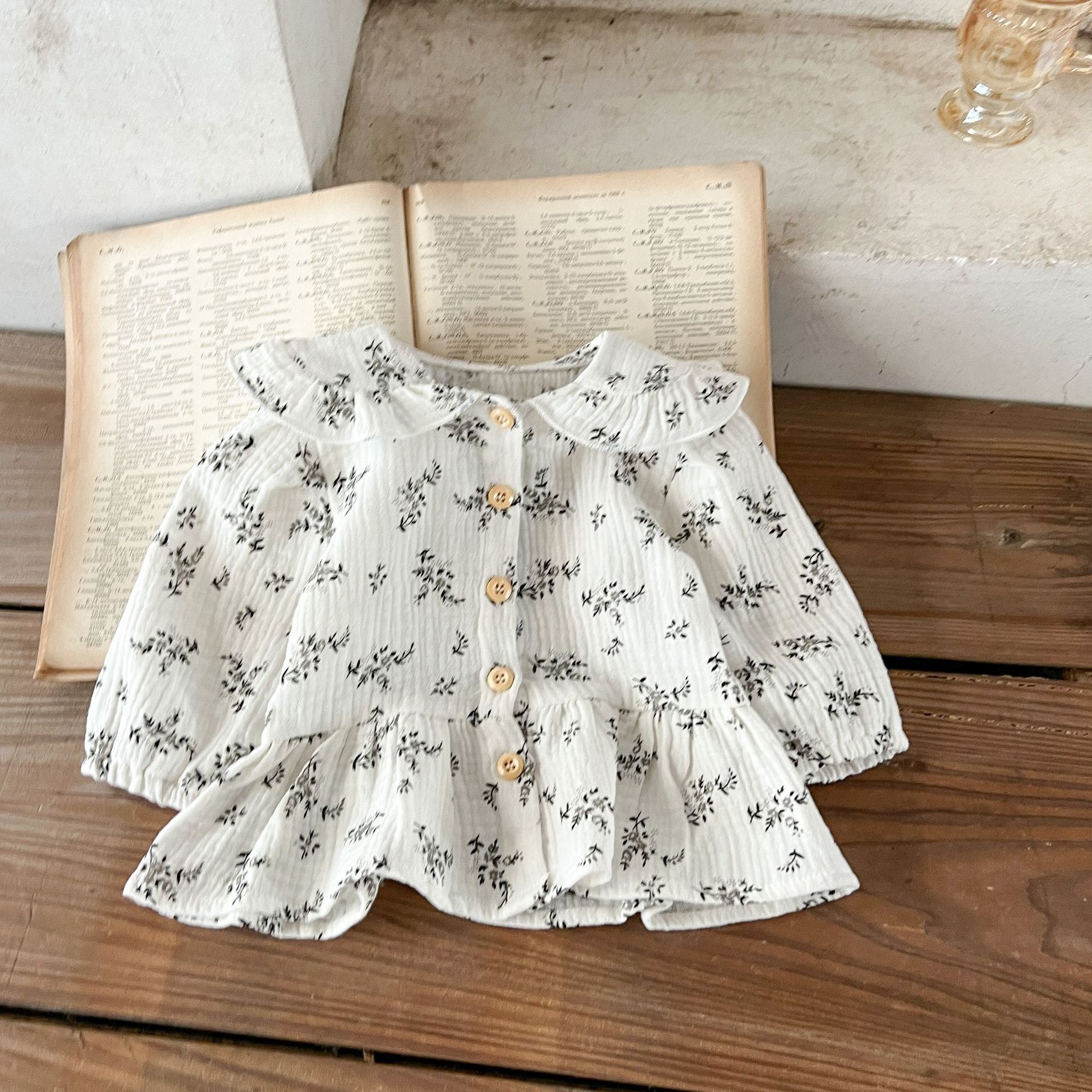 Estilo coreano primavera y verano niñas bebé algodón floral solapa camisa vestido ins niños todo partido cómodo vestido de moda