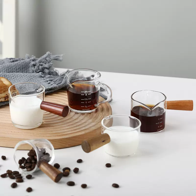 加工定制日式咖啡奶盅玻璃木把奶盅带刻度迷你牛奶壶调料汁奶罐