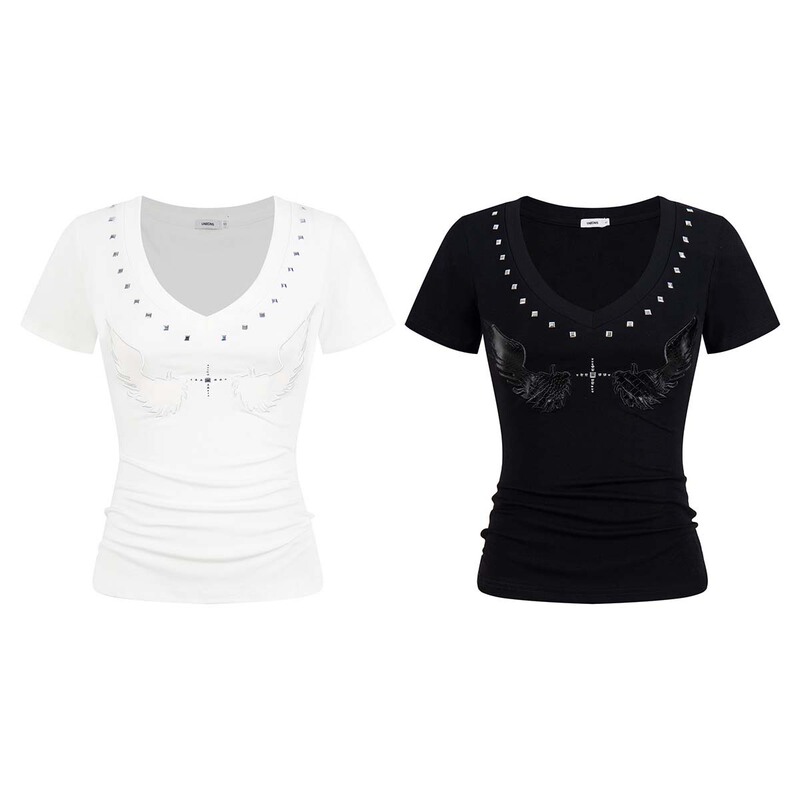 Unbdns Short-Sleeved T-Shirt for Women 2026 New Popular Style Black Slim Fit V-Neck Top with Rhinestone Design for Summer