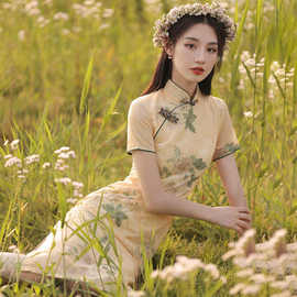 改良旗袍2024年新款女夏季素雅复古中国风花朵中长款连衣裙女装