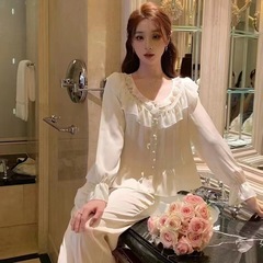 【糖心甜夢】フランス式氷糸パジャマ甘美お姫様風スーツ春秋ホームウェア