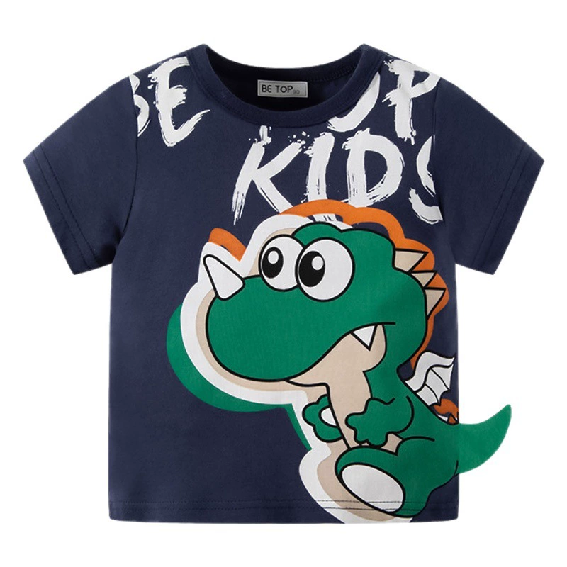 Новинка 2024 года, летняя детская футболка с короткими рукавами и объемным динозавром, хлопковые топы с героями мультфильмов для мальчиков, летняя одежда, дропшиппинг