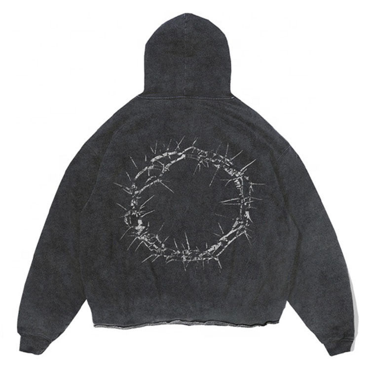 Men's Vintage Crop Hoodie - Acid Washed, Raw Hem, OEM product and manufacturing detail 8
