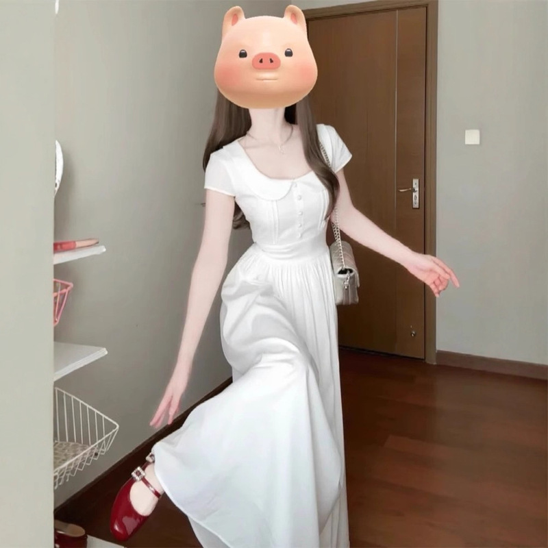French-Style Pure White Dress, 2025 New Summer Model, Petite and Elegant, Stunning Waist-Cinching Long Dress with Square Neckline