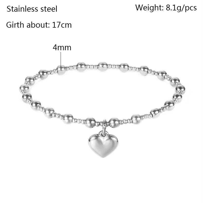 14g Weight 304 Stainless Steel Pendant Material Bangle Classification Fashion Heart Shape Stainless Steel Beaded Plating Bangle 1 Piece