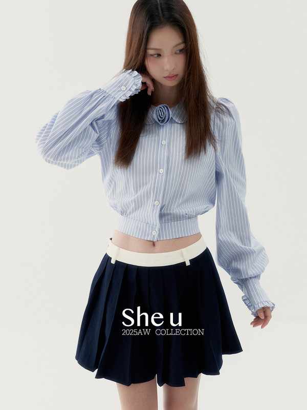 SHE U十三行韩系复古风条纹花朵衬衫女2025秋季新款百搭收腰上衣|undefined