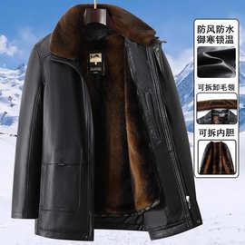 2025冬季新款翻毛领中长款加绒加厚脱卸内胆中老年爸爸装皮外套