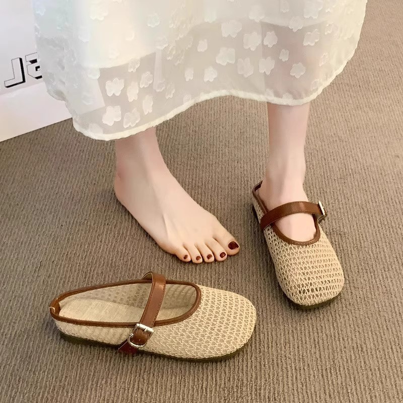 French-Style Flat Fishnet Hollow Birkenstock-Style Mule Slippers for Women, Summer 2025 New Slip-On Sandals