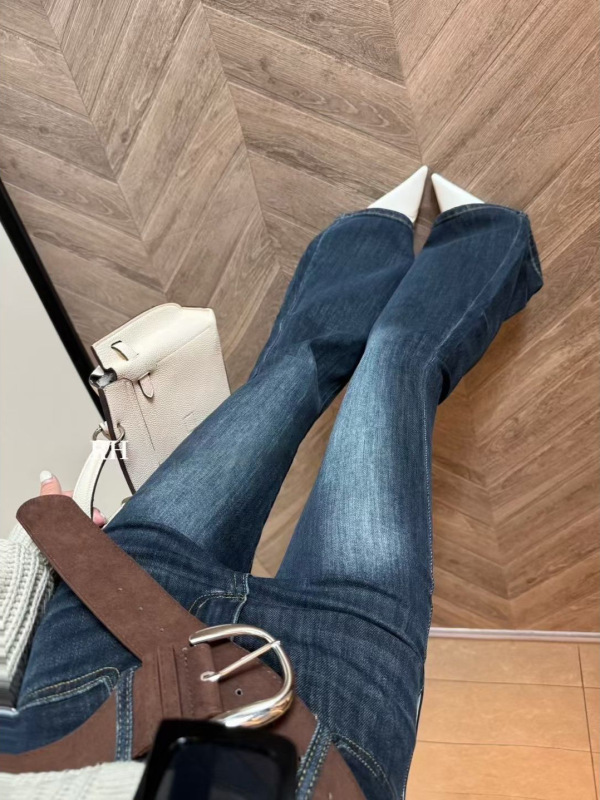 春秋季复古深蓝色口袋设计感修身牛仔裤女高腰做旧显瘦时髦微喇裤|undefined