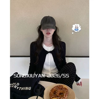 宋秀妍 SENIORS韩系少女撞色假两件针织开衫秋季松弛撞色长袖上衣