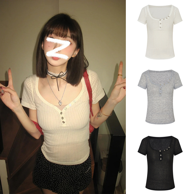 Wushi Liangpin * Women's Clothing Series Sexy Perspective Short Sleeve Tight Waist T-Shirt Female Spice Girl Shoulder Slim Short Top Wushi Liangpin * Women's Clothing Series Sexy Perspective Short Sleeve Tight Waist T-Shirt Female Spice Girl Shoulder Slim Short Top