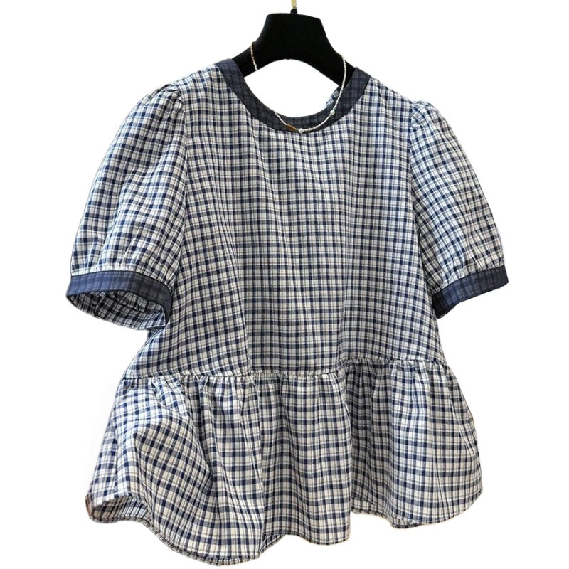 韓国の軽い高級感と年齢を軽減する女性用ラウンドネック半袖ベビードールシャツ、夏のレトロなチェック柄シャツ、超美しいスカートトップ|undefined
