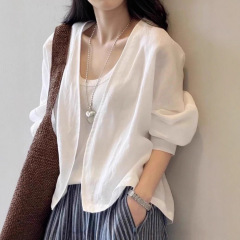 复古白色衬衫外套女夏季慵懒风长袖开衫上衣小个子轻薄宽松防晒衫