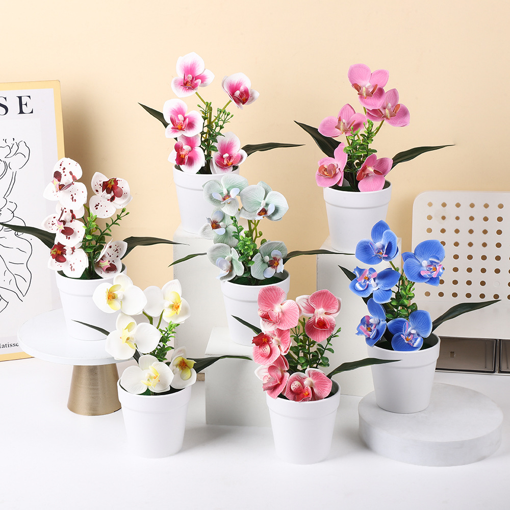 Doble rama 5 flores mariposa orquídea simulación en maceta decoración de oficina pequeña plantación en maceta disparar flores de simulación de bonsai verde