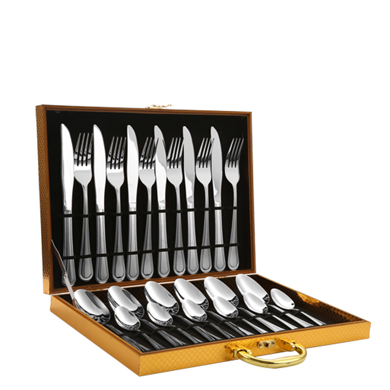 Cuchillo y tenedor de acero inoxidable cuchillo y cuchara de venta transfronteriza conjuntos de 24 piezas conjuntos de doble línea de suministros de hotel caja de regalo conjuntos de cubiertos