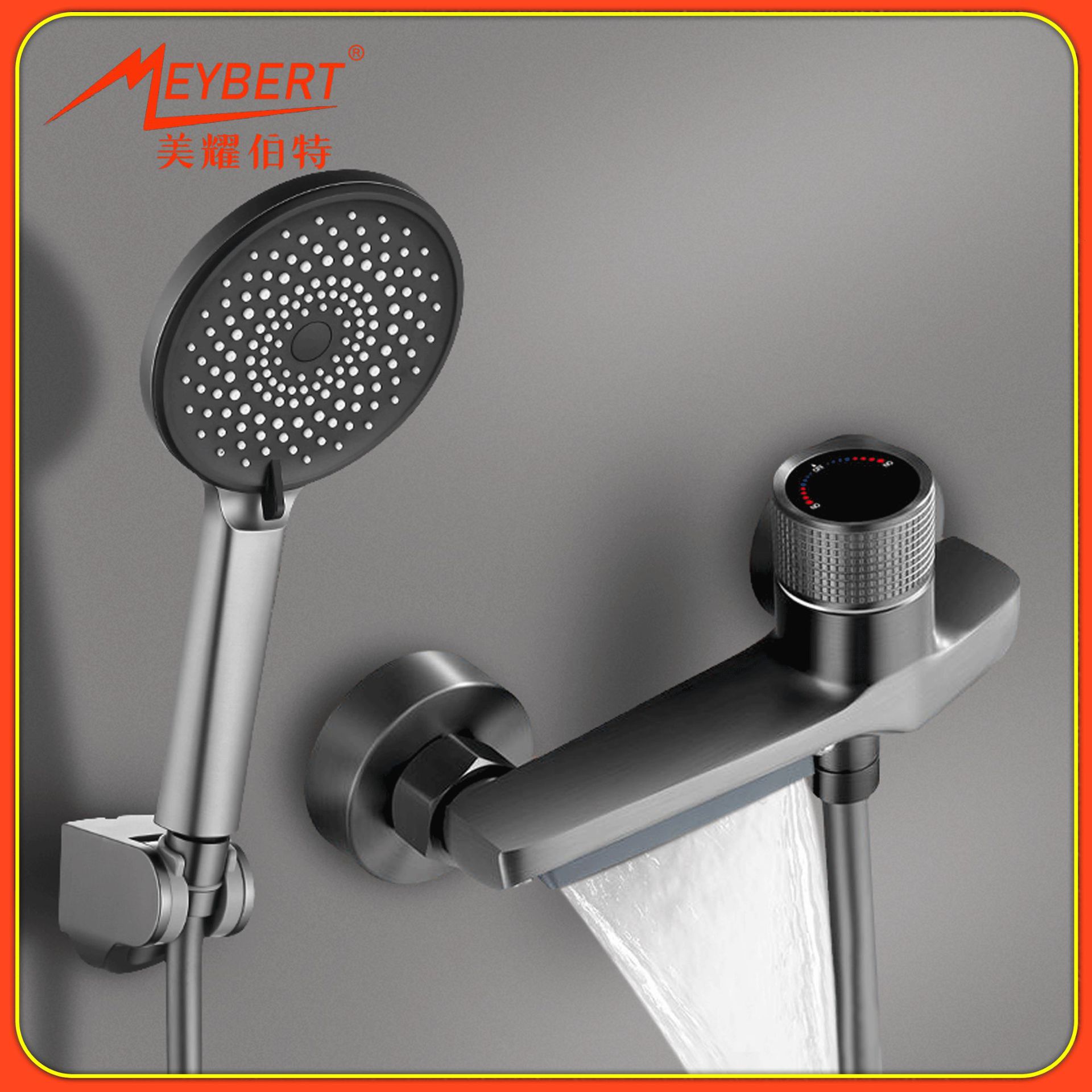 Gun Grey Copper Mixing Valve Hot And Cold Bathtub Faucet Exposed Waterfall Shower Triple Faucet Shower Set