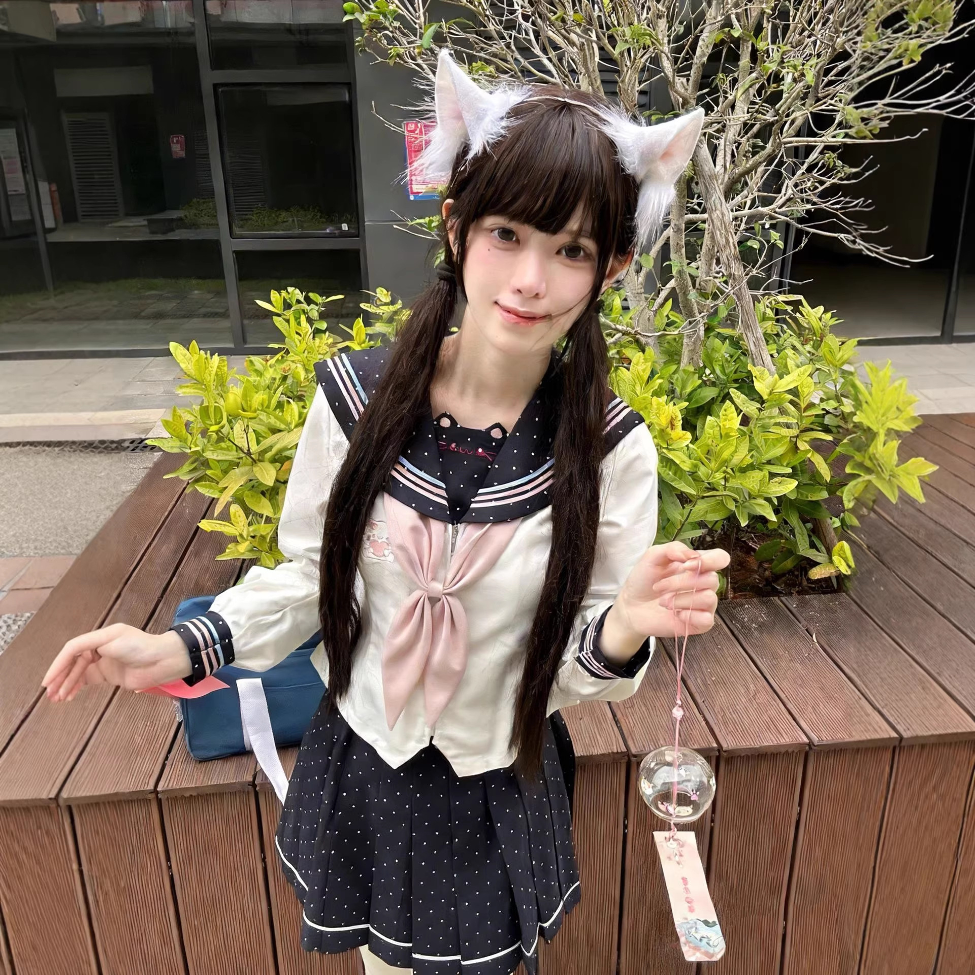 【Star Wish Meow】Autumn Yuyu Original Sailor Suit Waist-Cinching Set Sweet Polka Dot Cat Embroidery Navy Blue Academy Style