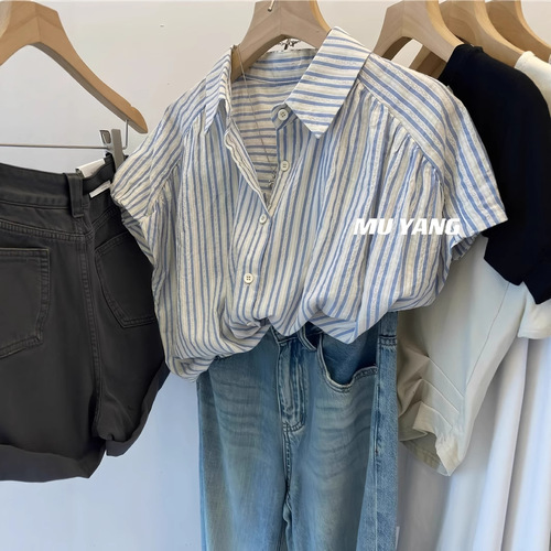 Women's Summer 2025 New French Retro Vibe Short-Sleeve Shirt with Striped Shoulder Design - Slimming Top