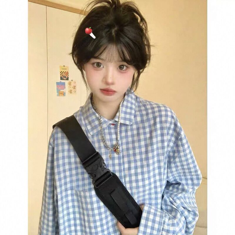 2025 夏薄い日焼け止めチェック柄シャツ女性のためのルーズカジュアル長袖シャツカーディガントレンディなアウターウェア|undefined