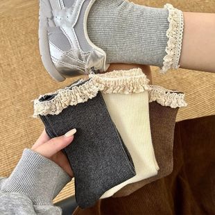 Korean Style Ins Sweet Girl's Solid Color Vertical Strip Mid-Socks Autumn and Winter Japanese Style Simple Retro Pleated Lace Piled Socks