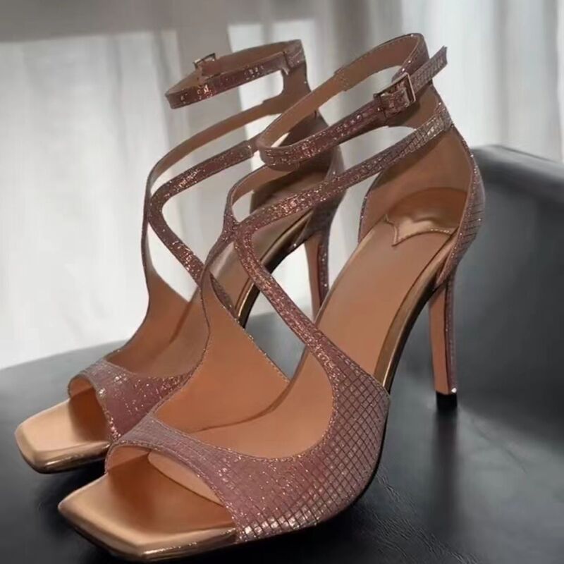 One-Strap Sexy Open-Toe Sandals for Women 2026 Summer New Style Cross-Strap Sequin Square Toe Thin Heel Fashion Versatile High Heels