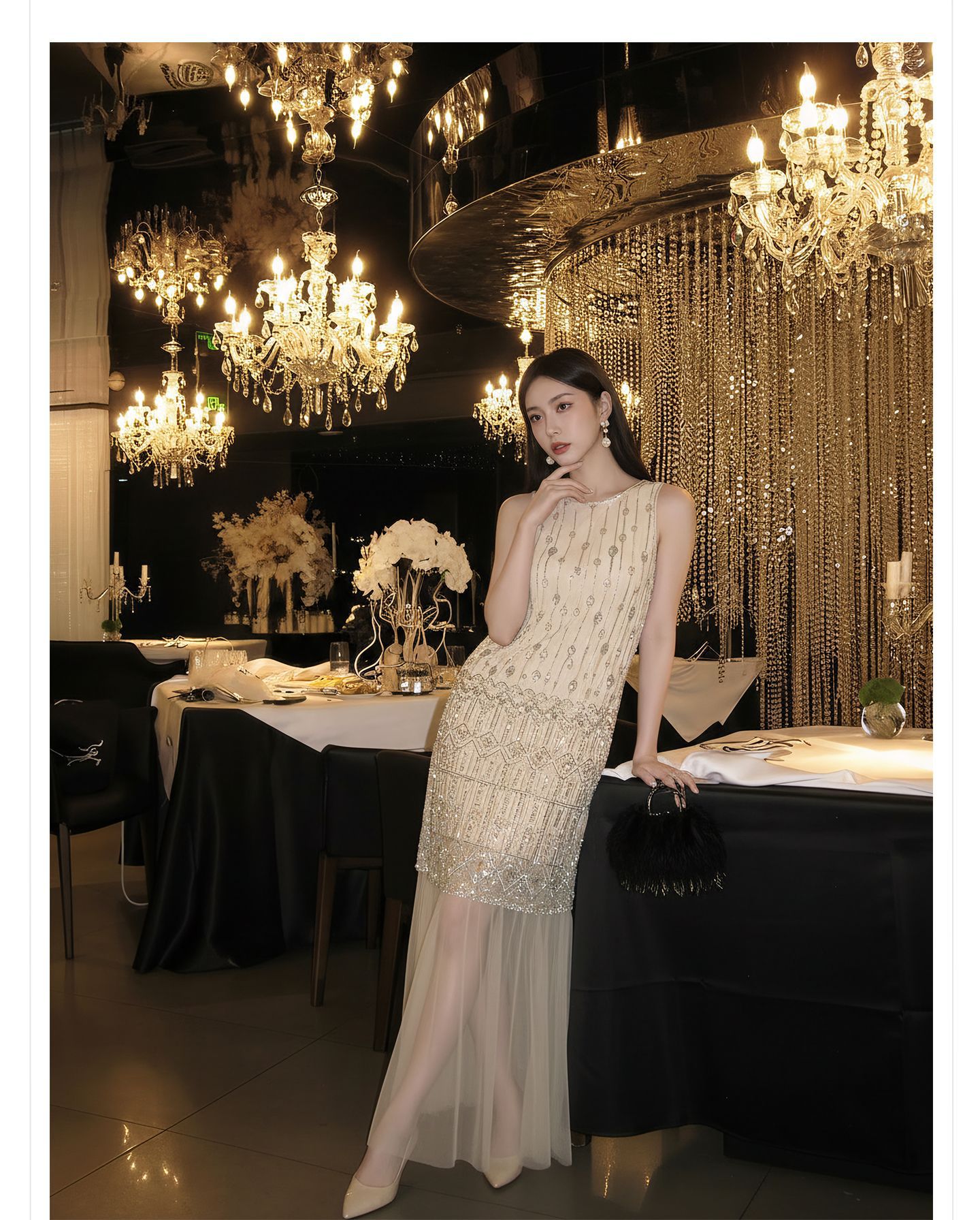 Đầm suông nữ midi không tay phong cách tân cổ điển Trung Quốc, họa tiết sequin lấp lánh — màu trắng ngà chi tiết 8