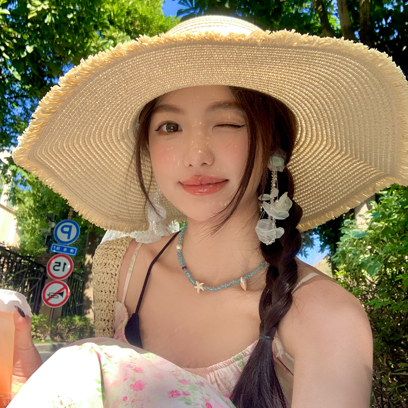レースリボン大きなつば麦わら帽子 2025 新しい海辺のビーチ日焼け止め帽子女性の美しい日よけ帽子|undefined