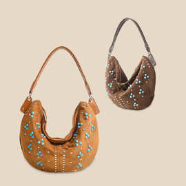 小众设计女包复古铆钉磨砂手提斜挎包月牙腋下单肩包麂皮绒托特包