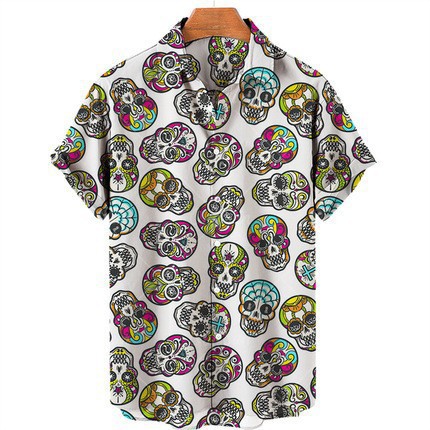 Camisa de Halloween de bala de cuatro lados de calavera digital de venta caliente para hombres con estampado transfronterizo de cuatro lados Halloween suelto casual