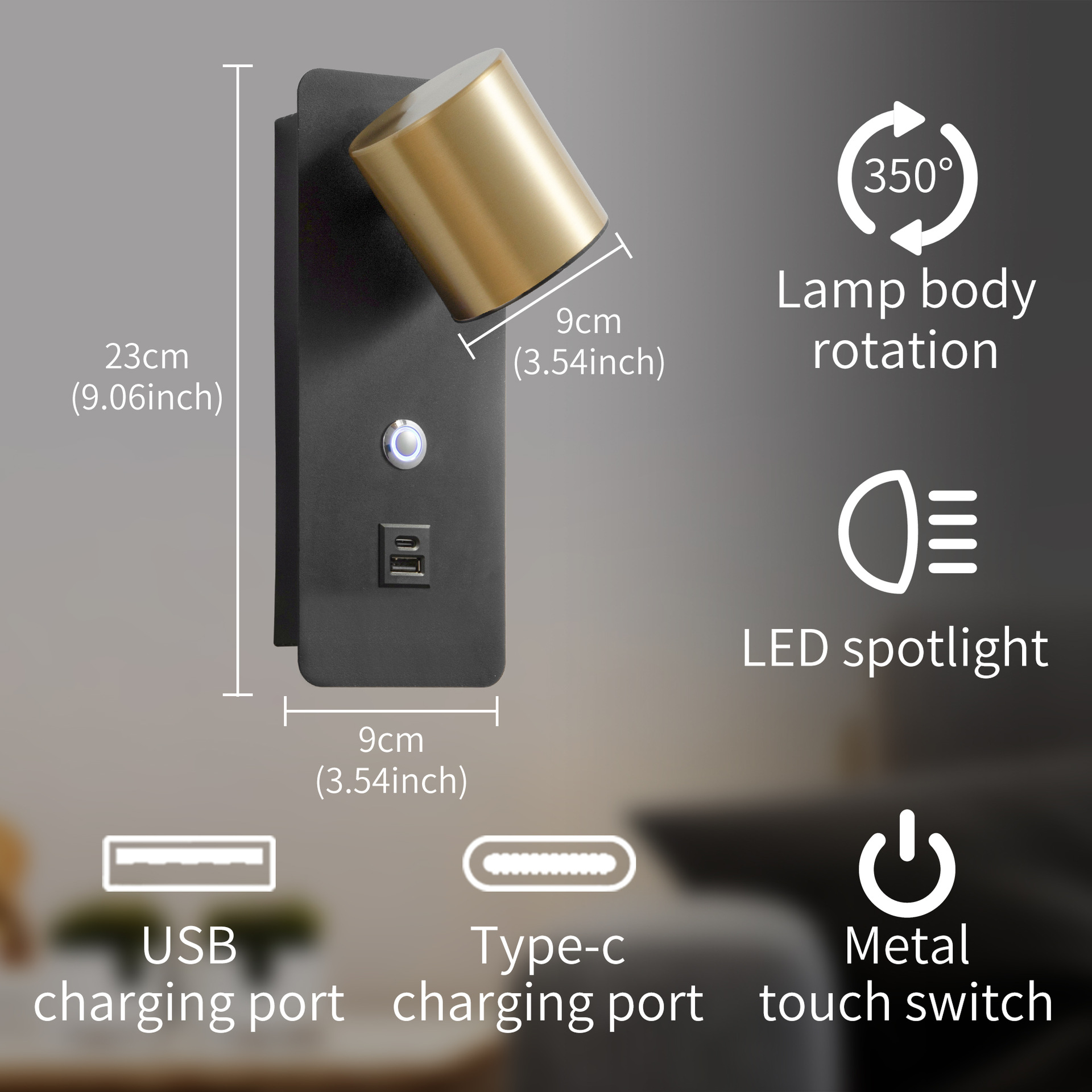 Cross-Border Indoor Wall Lamp, Bedside Lamp, Rotating Touch-Controlled Three-Tone Ambient Light, Modern Minimalist Reading Lamp