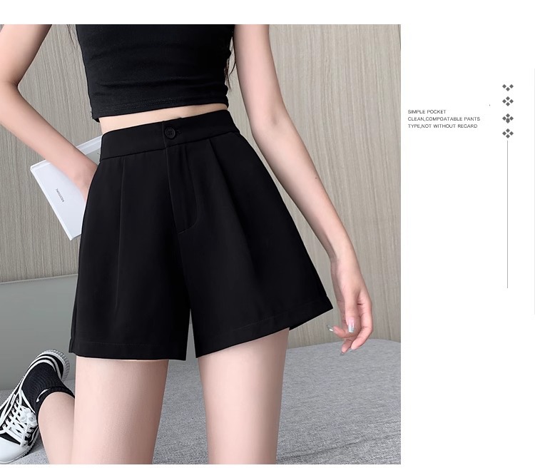Quần short nữ cạp cao dáng chữ A ống rộng mùa hè — Màu đen (gửi thắt lưng xoắn khóa ngẫu nhiên) chi tiết 20