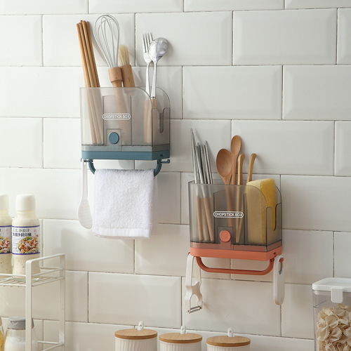 Wall-mounted household chopstick cage, punch-free multifunctional tableware storage rack, chopstick barrel rack, draining chopstick basket