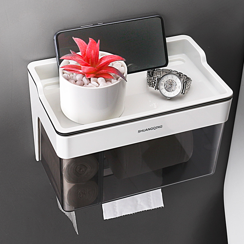 Caja de pañuelos de baño Soporte de pañuelos de papel sin perforaciones montado en la pared del inodoro Soporte de toallas de papel de gran capacidad Soporte de rollo de papel de baño