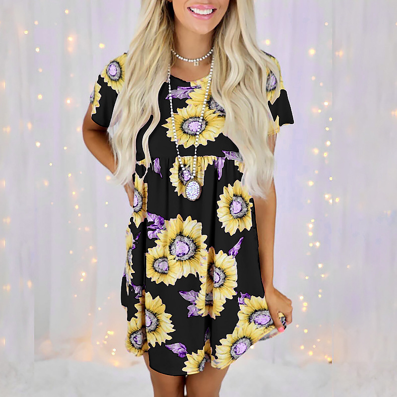 sunflower print short-sleeved round neck loose dress nihaostyles clothing wholesale NSZH80676